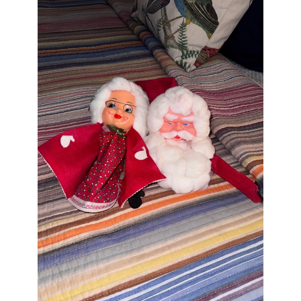 Vintage Santa and Mrs Claus Rubber Face Plush Dolls Christmas Decor Mid Century